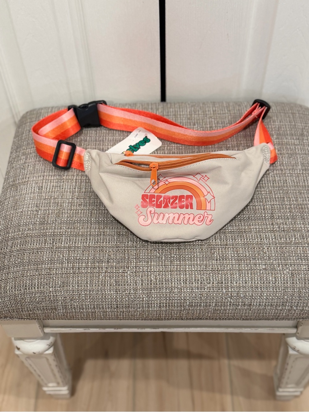 Tipsy Elves Beige Fanny Pack with Pink & Orange Striped Strap